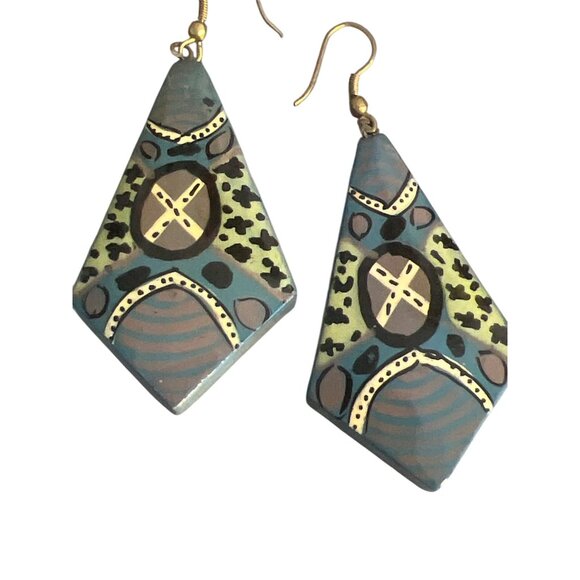 Painted Lacquered Bridgett Wallace Earrings Gold Tone Hooks Dangle Estate 2.75" - Picture 2 of 4